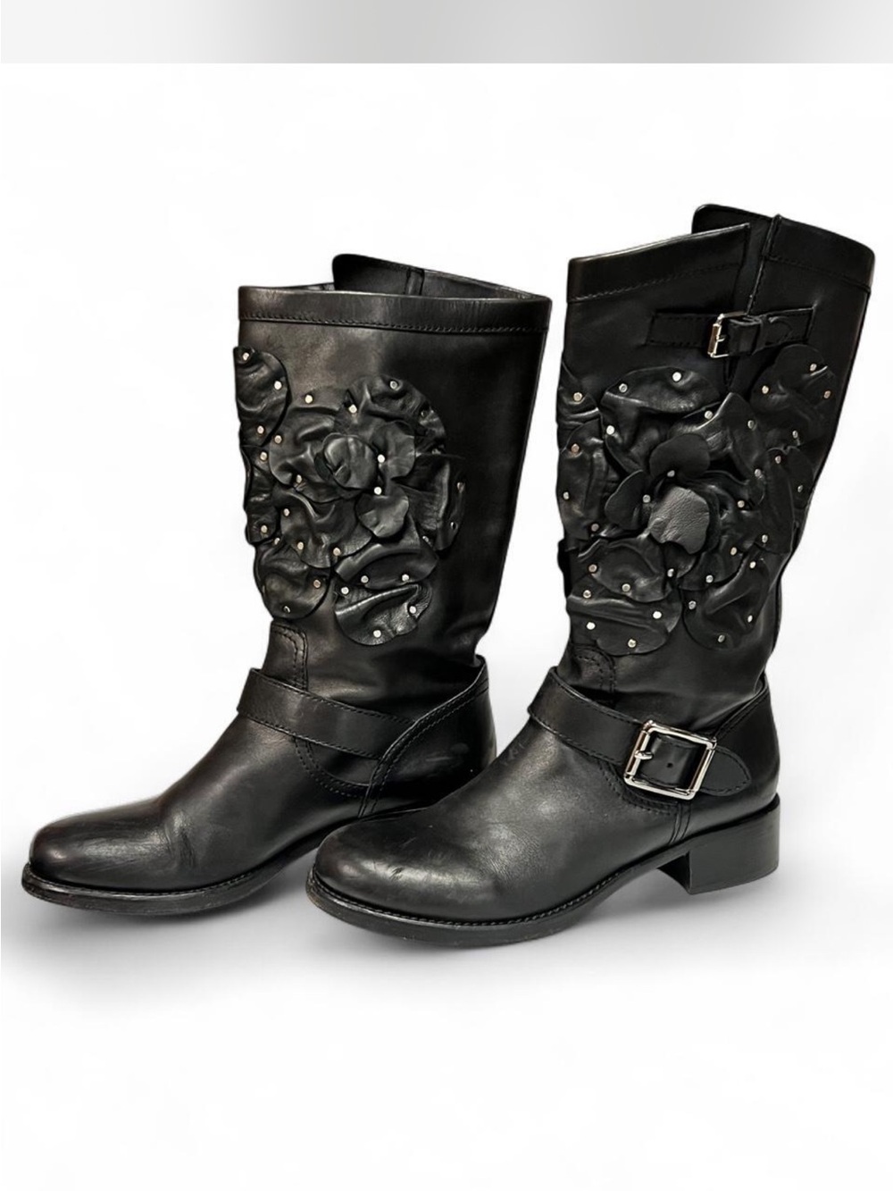Valentino Women’s Black Floral Studded Mid-Calf Boots